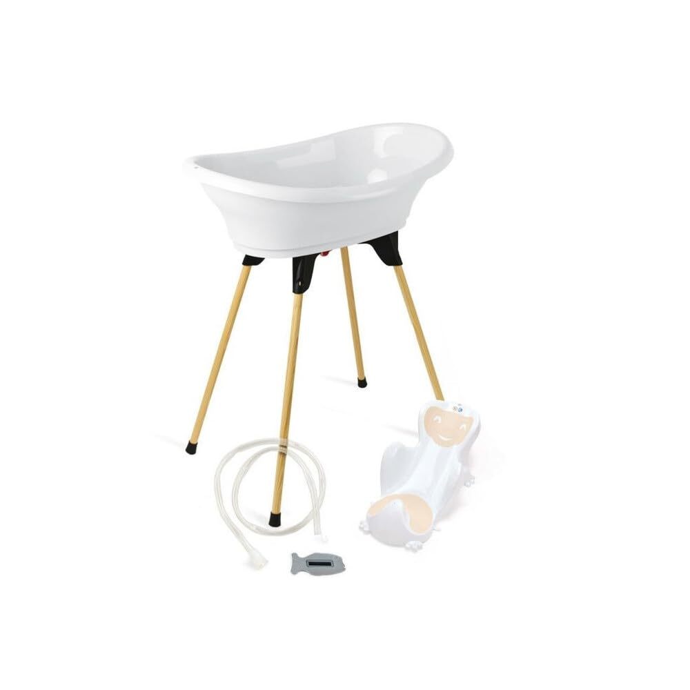 Livrenpoche : Thermobaby - Pack baignoire bébé vasco 5 en 1 - Baignoire, pied en bois, tuyau de vidange, transat de bain, thermomètre - Blanc muguet - Pliable & stable - Fabriqué en france - - Divers